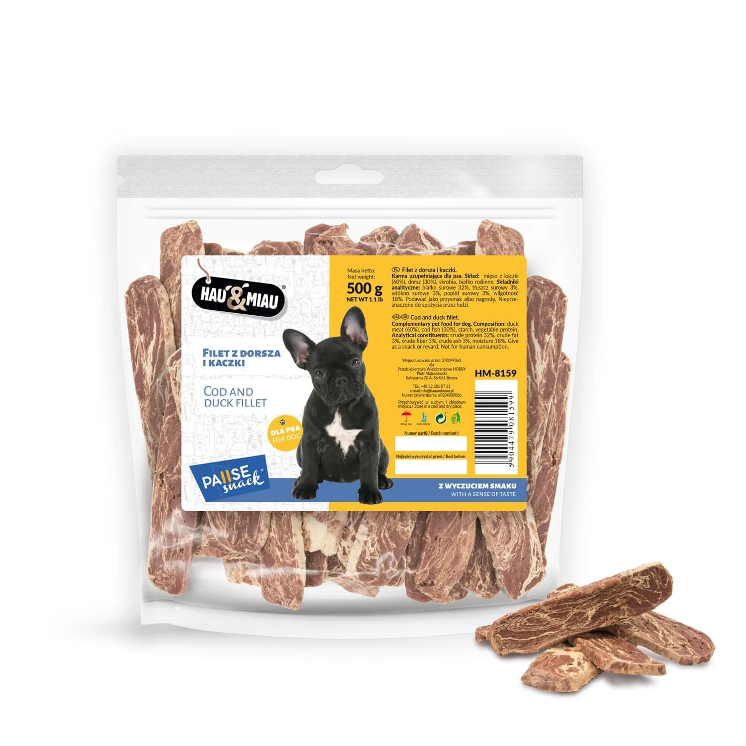 Hau&Miau Pausesnack przysmak dla psa paski z dorsza i kaczki 500 g