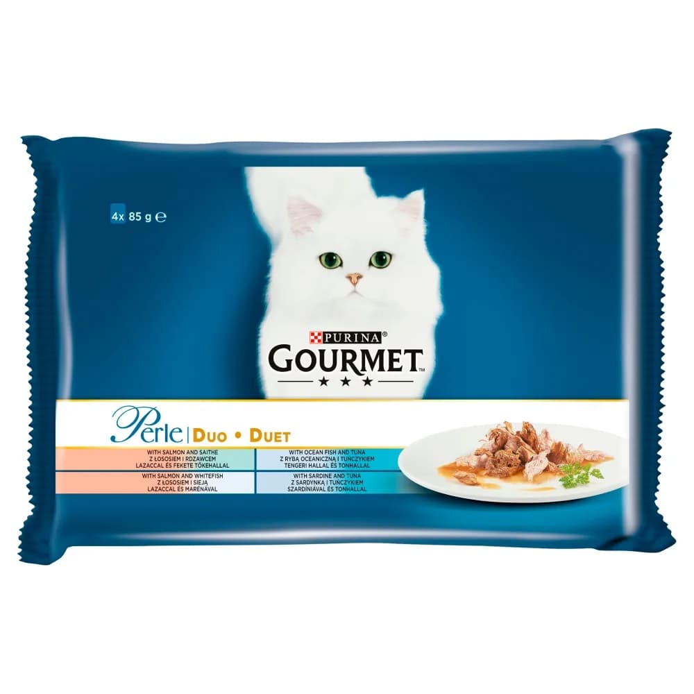 Gourmet Perle Duet Rybny karma mokra z łososiem, dorszem, sardynką i tuńczykiem dla dorosłych kotów 4 × 85 g