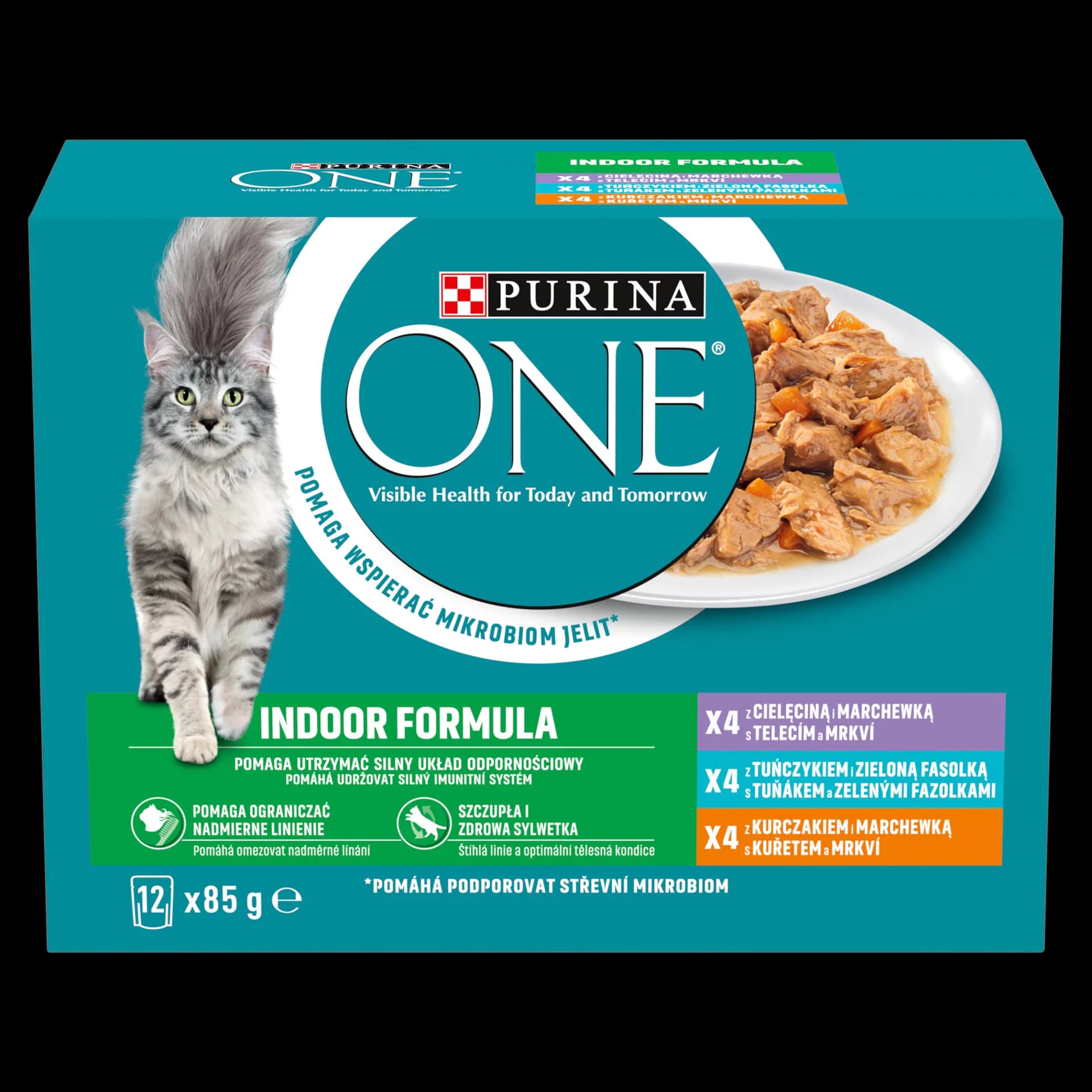 Purina ONE Indoor Formula karma mokra z cielęciną, tuńczykiem i kurczakiem dla dorosłych kotów niewychodzących 12 × 85 g  EAN: 7613287903891