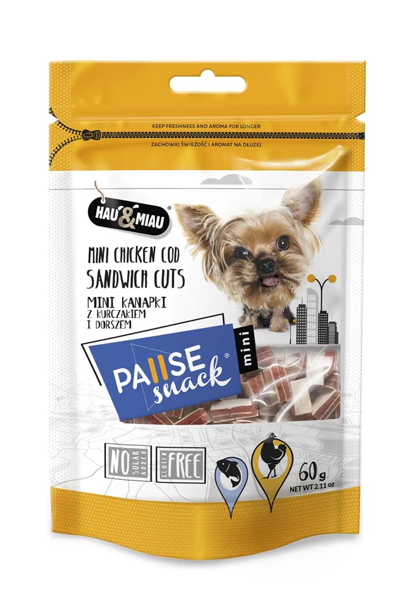 Hau&Miau Pausesnack przysmak dla psa mini kanapki z kurczakiem i dorszem 60 g