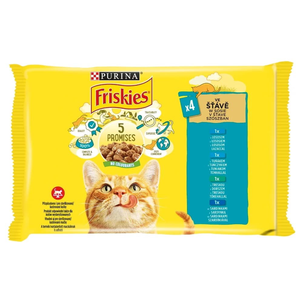 Friskies 5 Promises Mix rybny karma mokra z łososiem, tuńczykiem, sardynką i dorszem dla dorosłych kotów 4 × 85 g