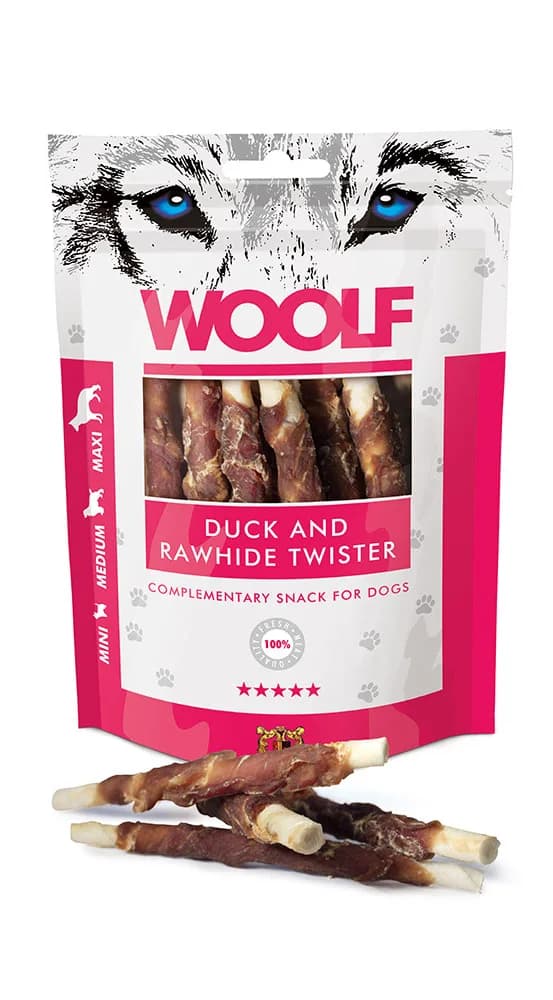 WOOLF DUCK AND RAWHIDE TWISTER Przysmak dla Psa Pałeczki z Kaczką 100 g