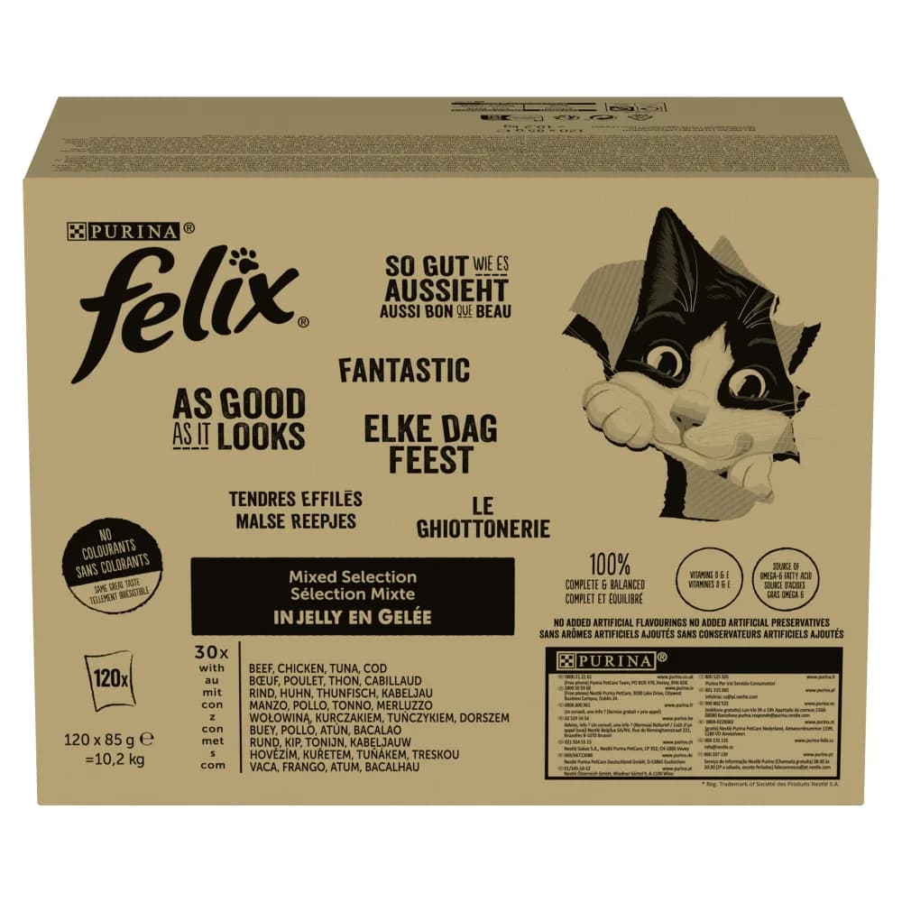Felix Fantastic Karma dla kotów wybór smaków w galaretce 10,2 kg (120 × 85 g)