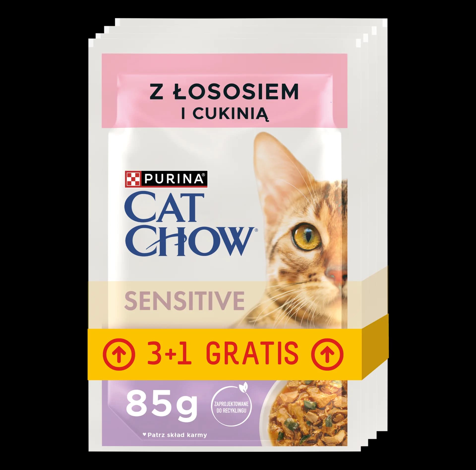 Purina Cat Chow Adult Sensitive karma mokra z łososiem i cukinią w sosie dla dorosłych kotów 4 × 85 g