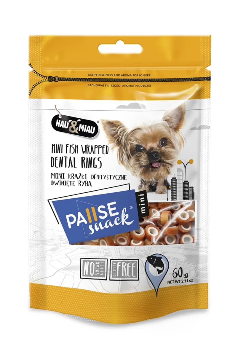 Hau&Miau Pausesnack przysmak dla psa mini krążki dentystyczne owinięte rybą 60 g