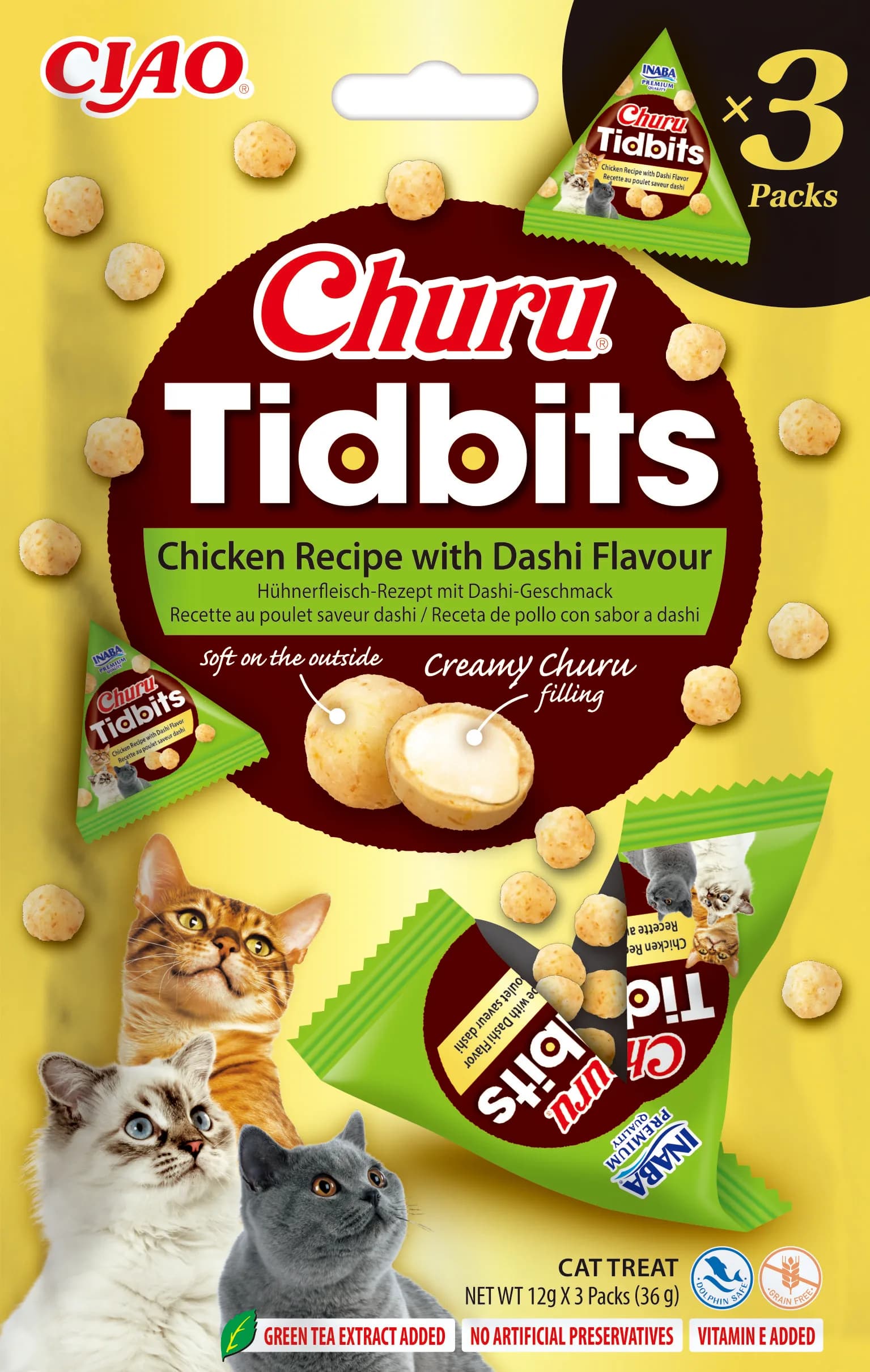 Churu Tidbits 3P Uzupełniająca karma dla kotów formuła z kurczakiem o smaku bulionu dashi 3 × 12 g