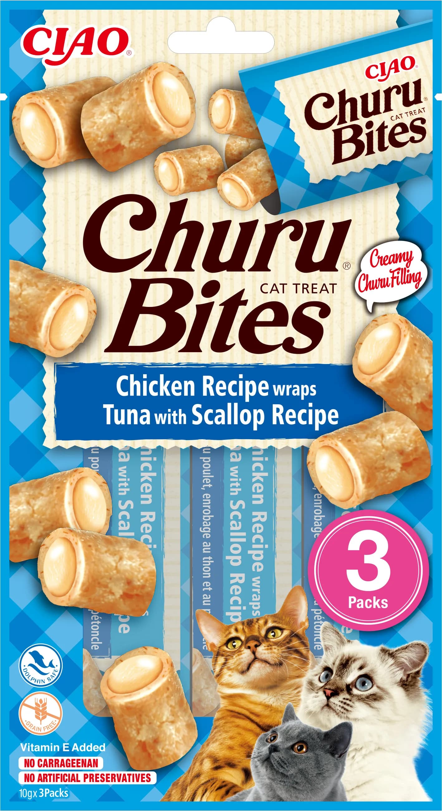 INABA CAT CHURU BITES CHICKEN W.TUNA&SCALLOP 3 × 10 g