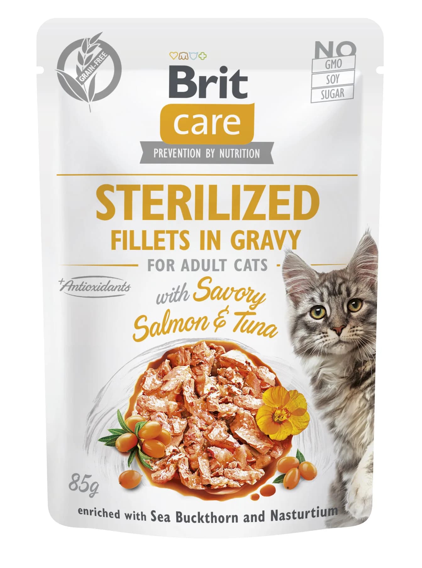 Brit Care Pouch Sterilized Fillets in Gravy with Savory Salmon & Tuna mokra karma dla dorosłych kotów z łososiem i tuńczykiem 85 g