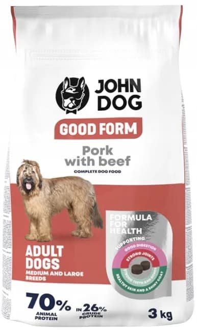 John Dog Good Form Adult Pork with Beef karma sucha z wieprzowiną, wołowiną i ryżem dla dorosłych psów średnich i dużych ras