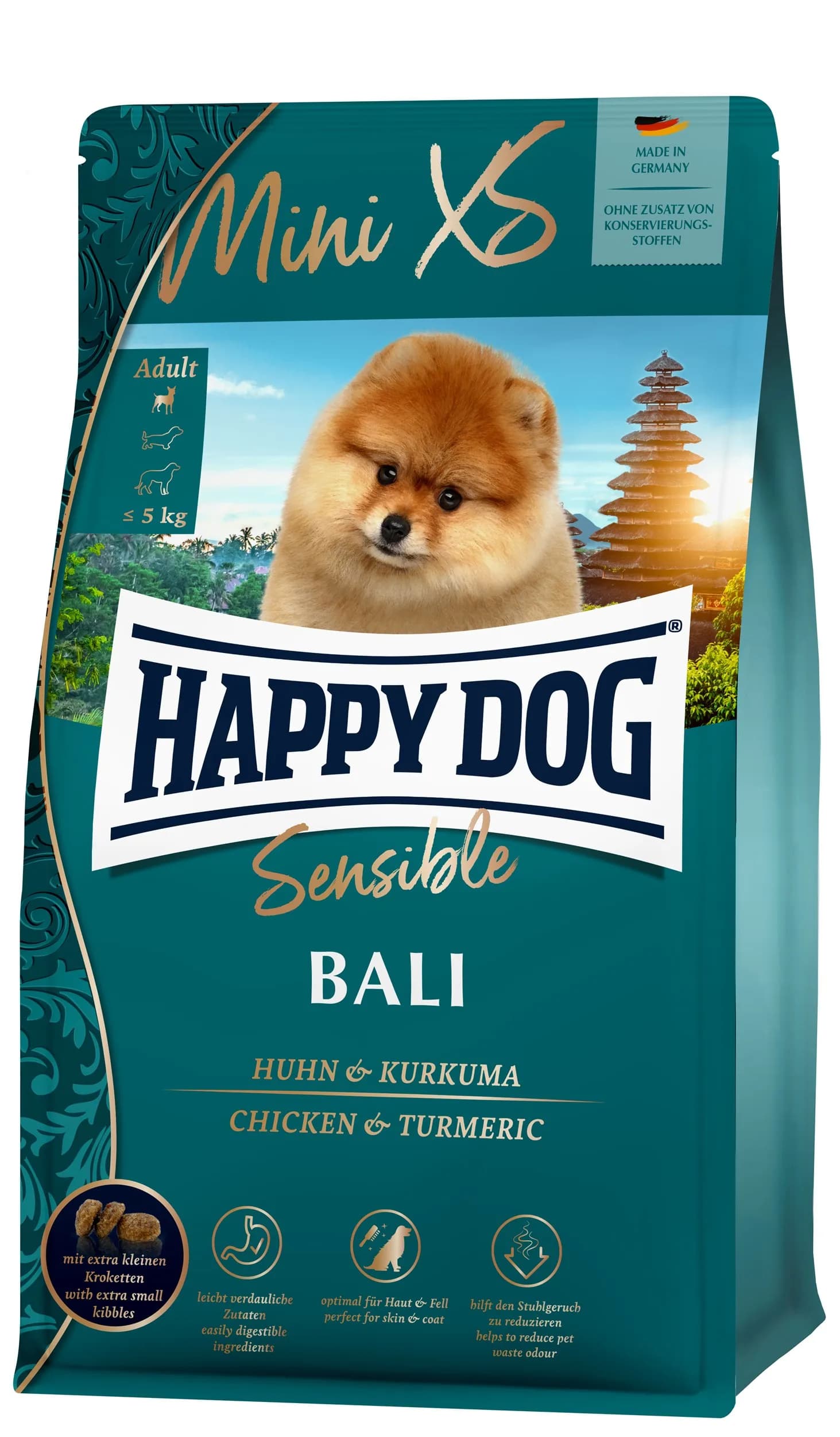 Happy Dog Sensible Mini XS Bali karma sucha z kurczakiem i kurkumą dla dorosłych psów miniaturowych ras