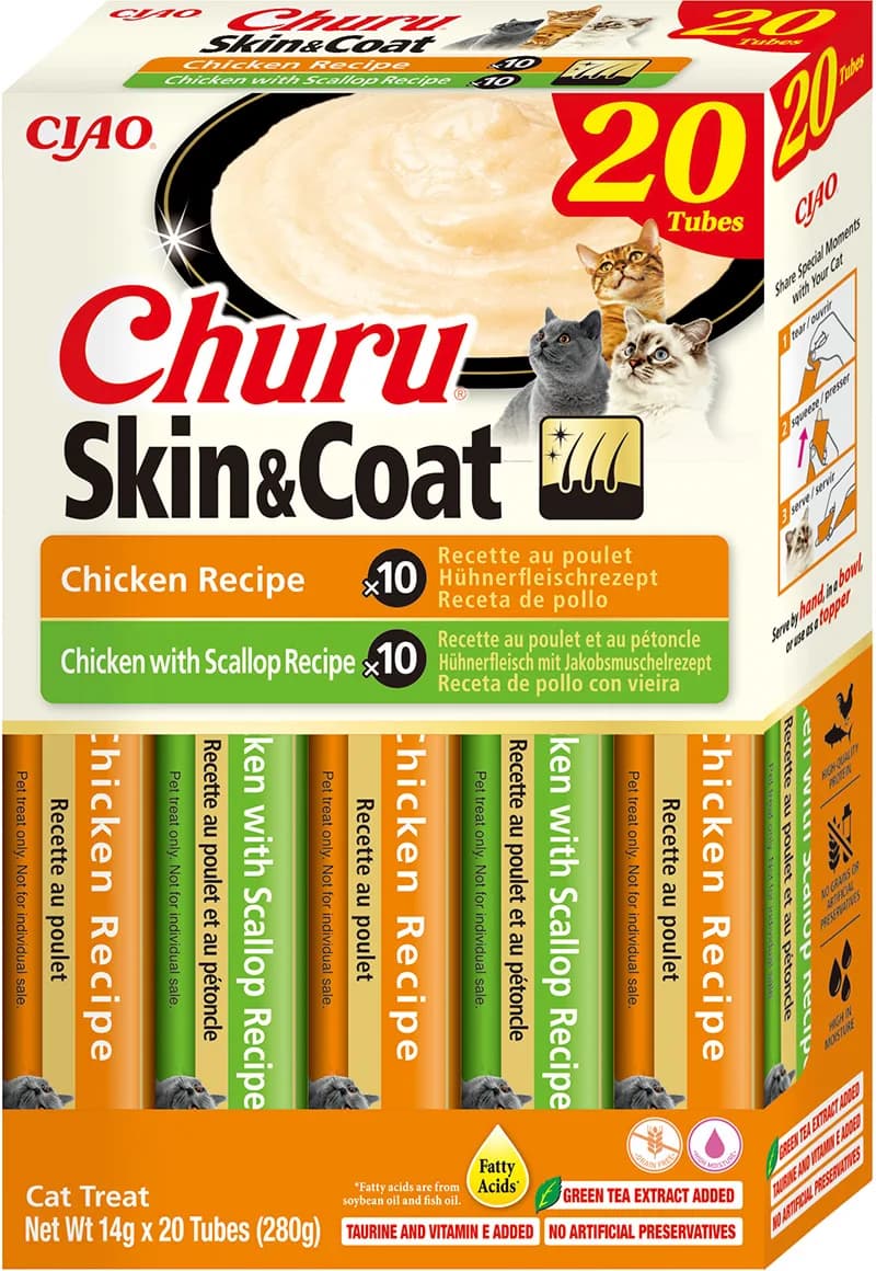 Churu Skin&Coat dla Kota – Kurczak i Kurczak z Przegrzebkami 20 × 14 g