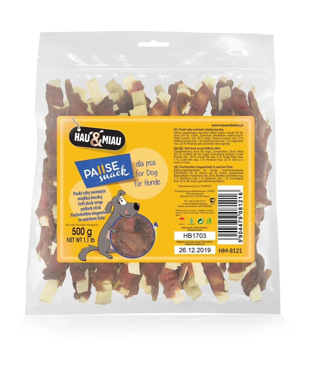 Hau&Miau Paski ryby owinięte miękką kaczką dla psa 500 g