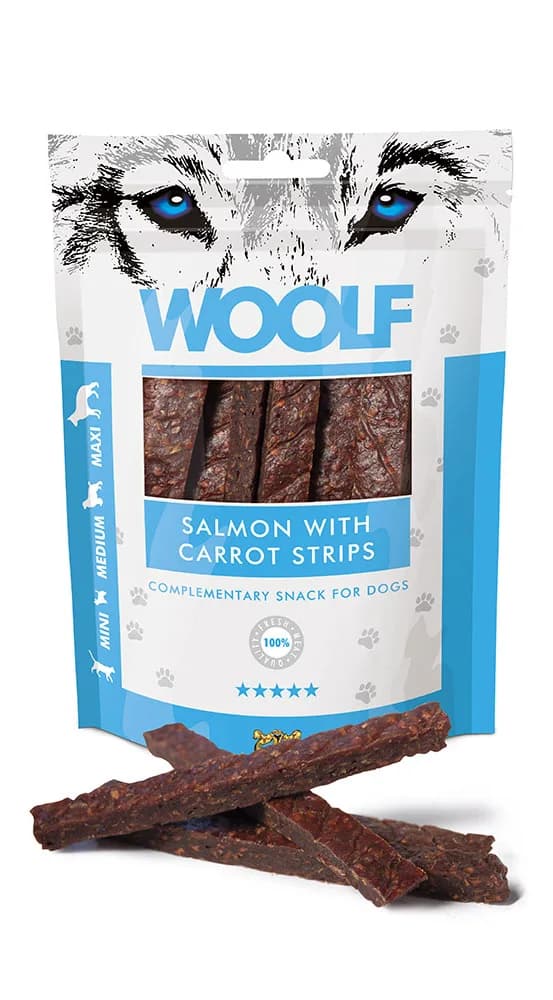WOOLF SALMON CARROT STRIPS Przysmak dla Psa Paski z Łososia z Marchewką 100 g