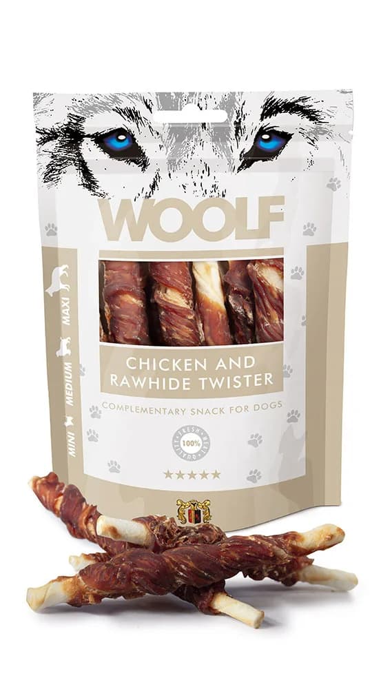WOOLF CHICKEN RAWHIDE TWISTER Przysmak dla Psa Pałeczki z Kurczakiem 100 g