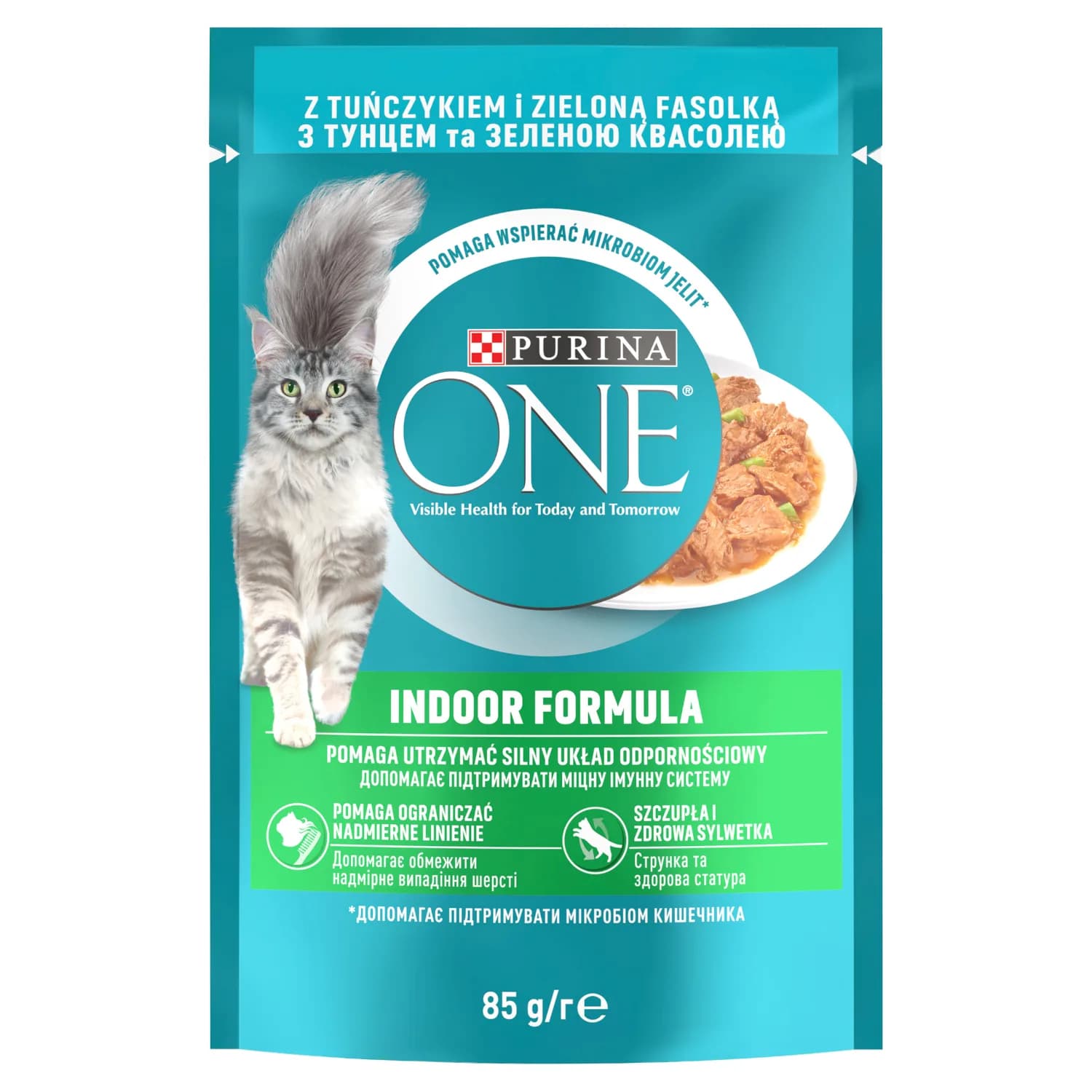 Purina One INDOOR FORMULA Mini fileciki w sosie z tuńczykiem i zieloną fasolką 85 g