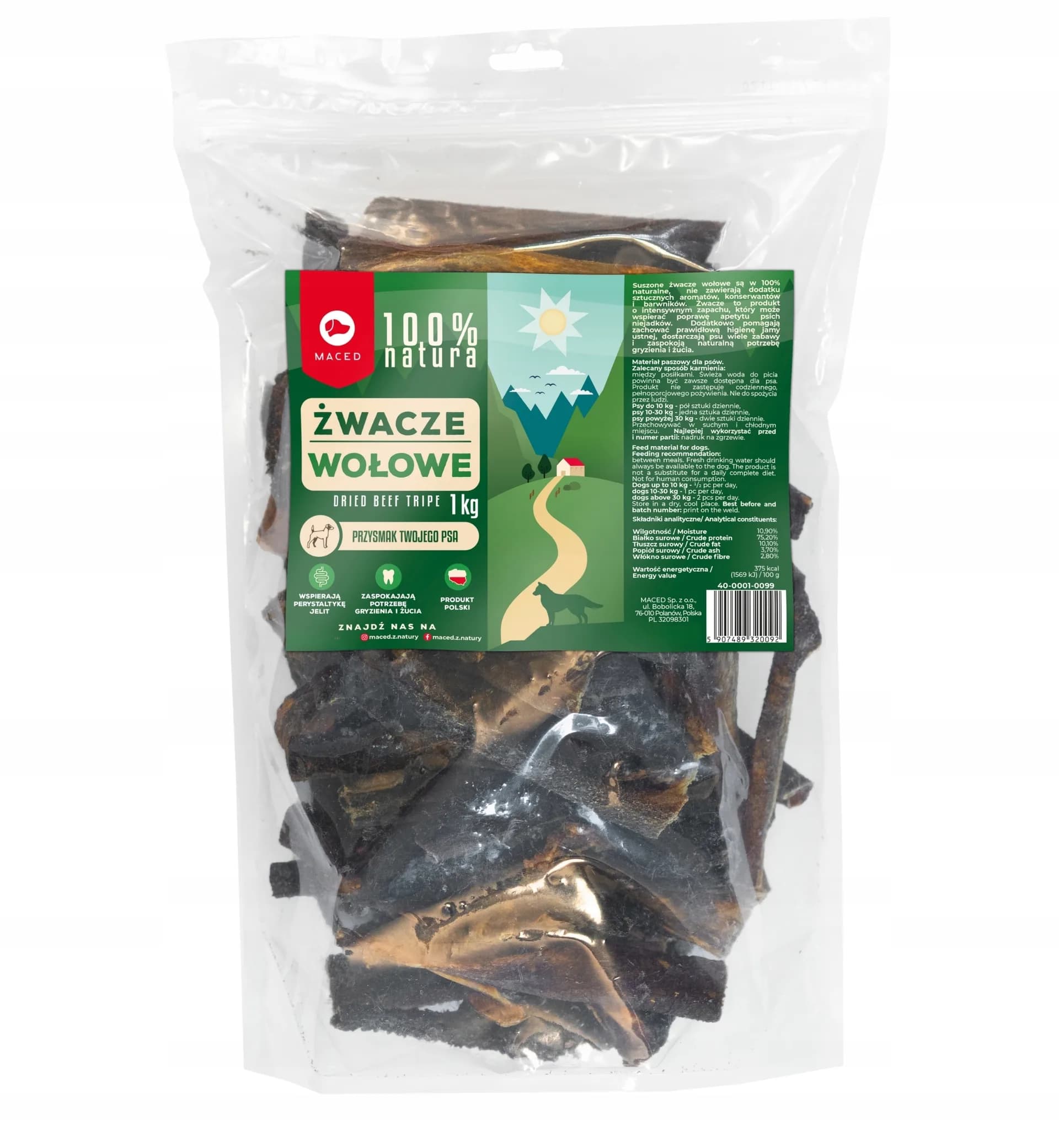 Przysmak dla Psa Żwacze Wołowe na Apetyt 100% NATURA Smakołyki Maced 1 kg