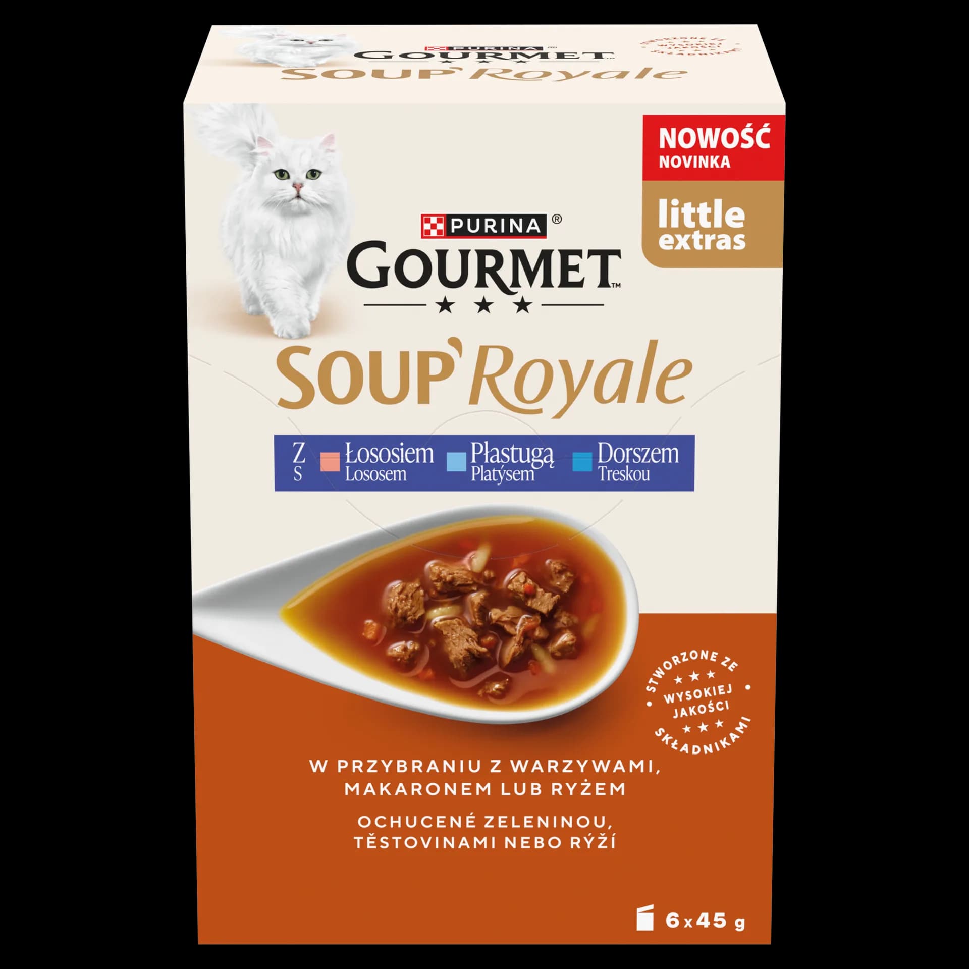 Gourmet Soup Royale Karma dla dorosłych kotów z łososiem płastugą dorszem 6 × 45 g